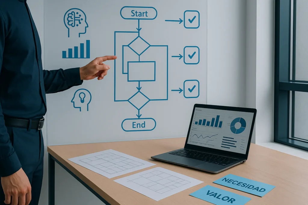 	Persona señalando un diagrama de flujo para entender qué procesos automatizar con IA, en un análisis de valor previo.