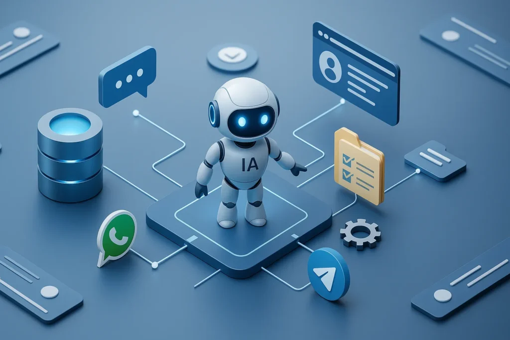 Bot conversacional sobre una plataforma digital conectado a iconos de herramientas como WhatsApp, Telegram y bases de datos.