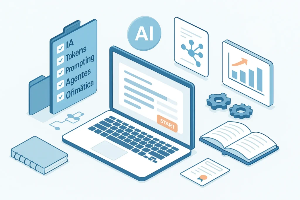 Ilustración isométrica de un portátil con materiales de formación, libros abiertos y lista de contenidos relacionados con inteligencia artificial como IA, prompting y automatización. Representa los cursos personalizados de formación en IA ofrecidos por Digentix.
