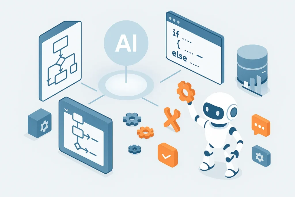 Ilustración isométrica con diagramas de flujo, engranajes, código, bot y base de datos conectados a un núcleo de inteligencia artificial. Representa las soluciones IA a medida de Digentix para automatizar procesos empresariales.
