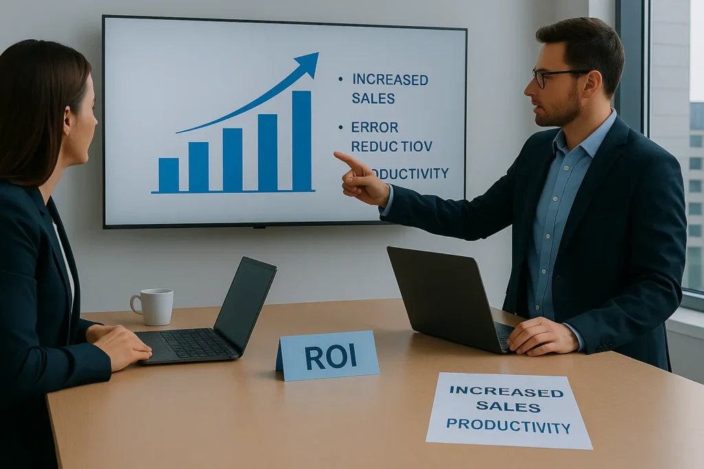 Profesionales analizando una gráfica de rendimiento para definir soluciones de IA con impacto real y retorno claro.