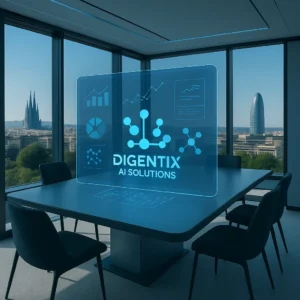 Sala de reuniones con vista a Barcelona, donde la inteligencia artificial y el logo de Digentix se proyectan en el centro de la mesa, simbolizando cómo la IA se convierte en el eje que ayuda a las empresas a crecer y automatizar procesos.
